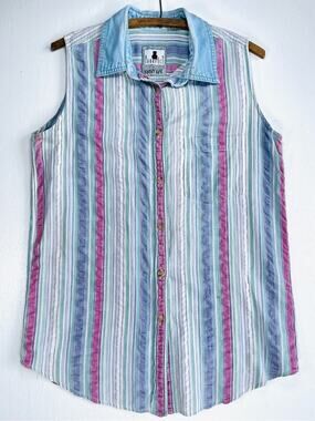 Vintage Krazy Kat Purrfect Sleeveless Striped Shirt Pastel Pink Green Medium